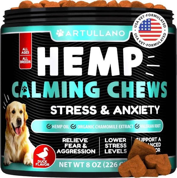 Hemp Calming Chews for Dogs - Anxiety Relief Treats with Hemp Oil, Turmeric, Valerian, and Ginger for Health & Wellness - Hip and Joint Support - 120 Treats