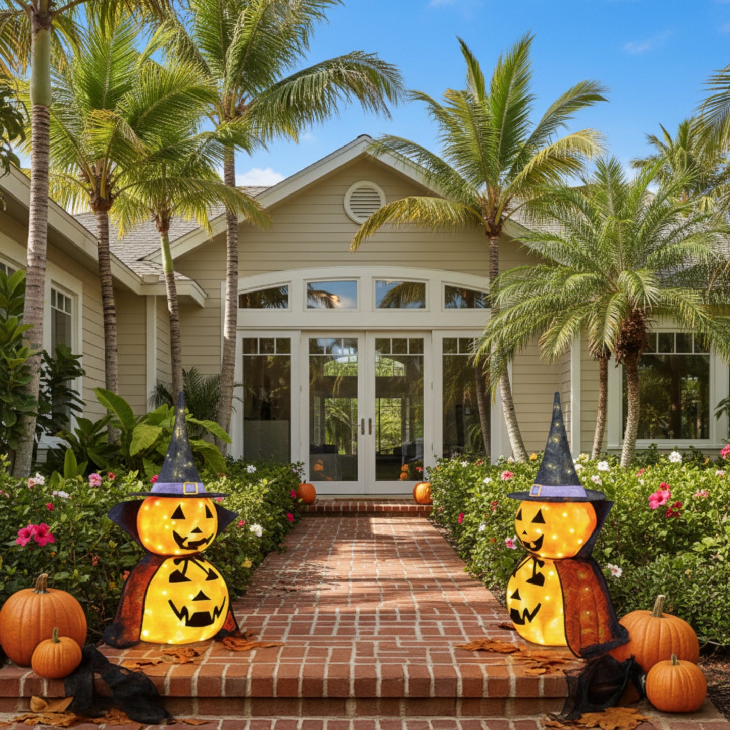 Halloween Lighted Pumpkin Decorations, 3ft Collapsible Jack-O-Lantern with Wizard Hat, 176 LED Lights, 2-Pack