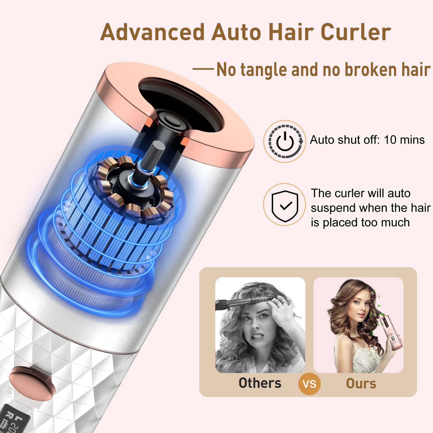 Cordless Automatic Hair Curler with Smart Heatproof Design and Anti-Tangling Technology