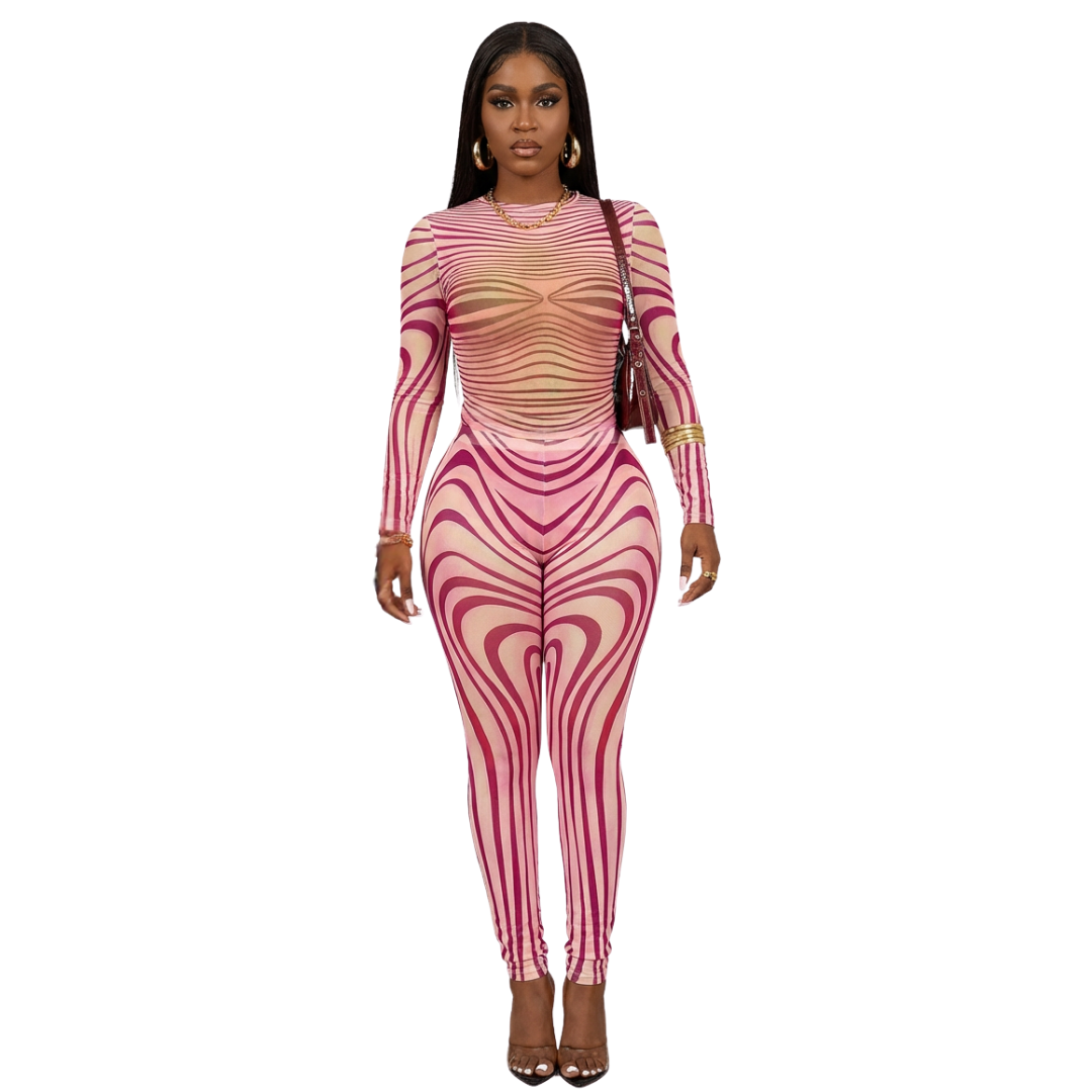 Cali4Luxe Mesh 2 Piece Outfit for Women – Sheer Long Sleeve Top & Bodycon Leggings Set, Sexy Clubwear Festival Matching Set
