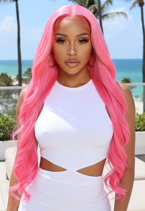 13x6 Highlighter Pink Lace Front Wig: Body Wave Highlighter Pink Lace Frontal Wig!