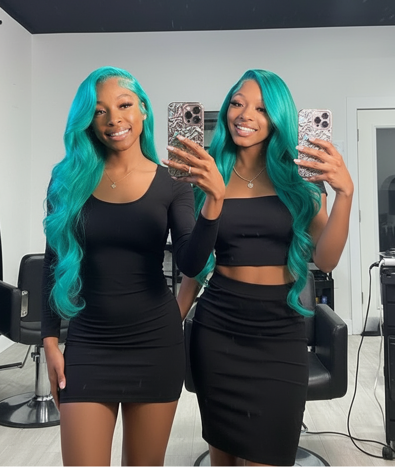 13x6 Teal Ocean Blue Lace Front Wig: Body Wave 613 Blonde Lace Frontal Wig in Mint Green!