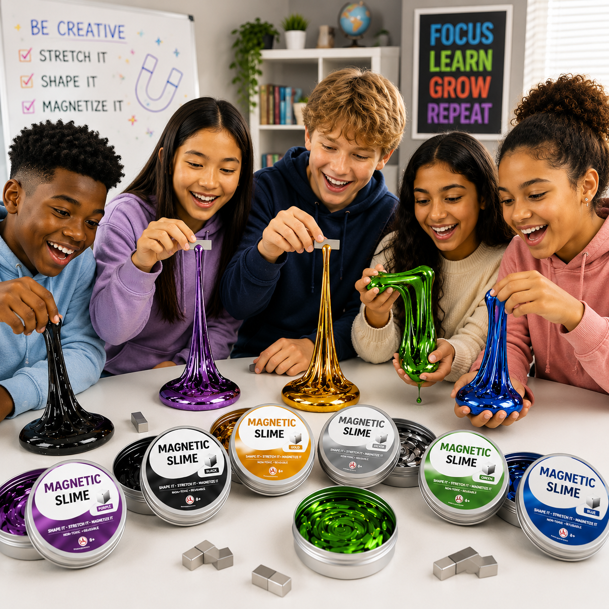 Magnetic Slime Fidget Toy – Stretchable Magnetic Putty Slime for Stress Relief, Sensory Play & Creative Fun, Non-Toxic Reusable Metallic Slime, 6 Colors, Ages 8+