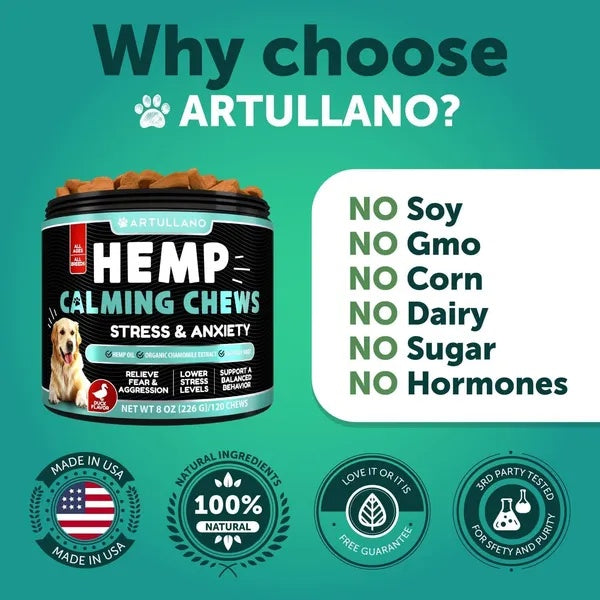 Hemp Calming Chews for Dogs - Anxiety Relief Treats with Hemp Oil, Turmeric, Valerian, and Ginger for Health & Wellness - Hip and Joint Support - 120 Treats