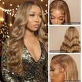 CALi4LUXE Human Hair Wig, Honey Blonde Highlights Body Wave Lace Frontal, 100% Human Hair, Pre-plucked Natural Hairline, Daily Wear