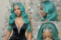 13x6 Teal Ocean Blue Lace Front Wig: Body Wave 613 Blonde Lace Frontal Wig in Mint Green!