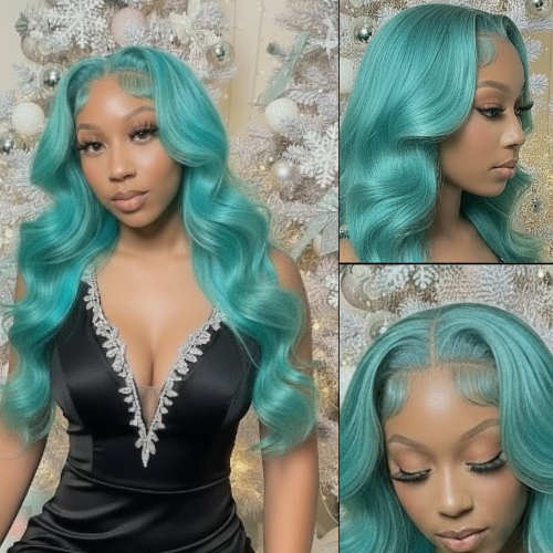 13x6 Teal Ocean Blue Lace Front Wig: Body Wave 613 Blonde Lace Frontal Wig in Mint Green!