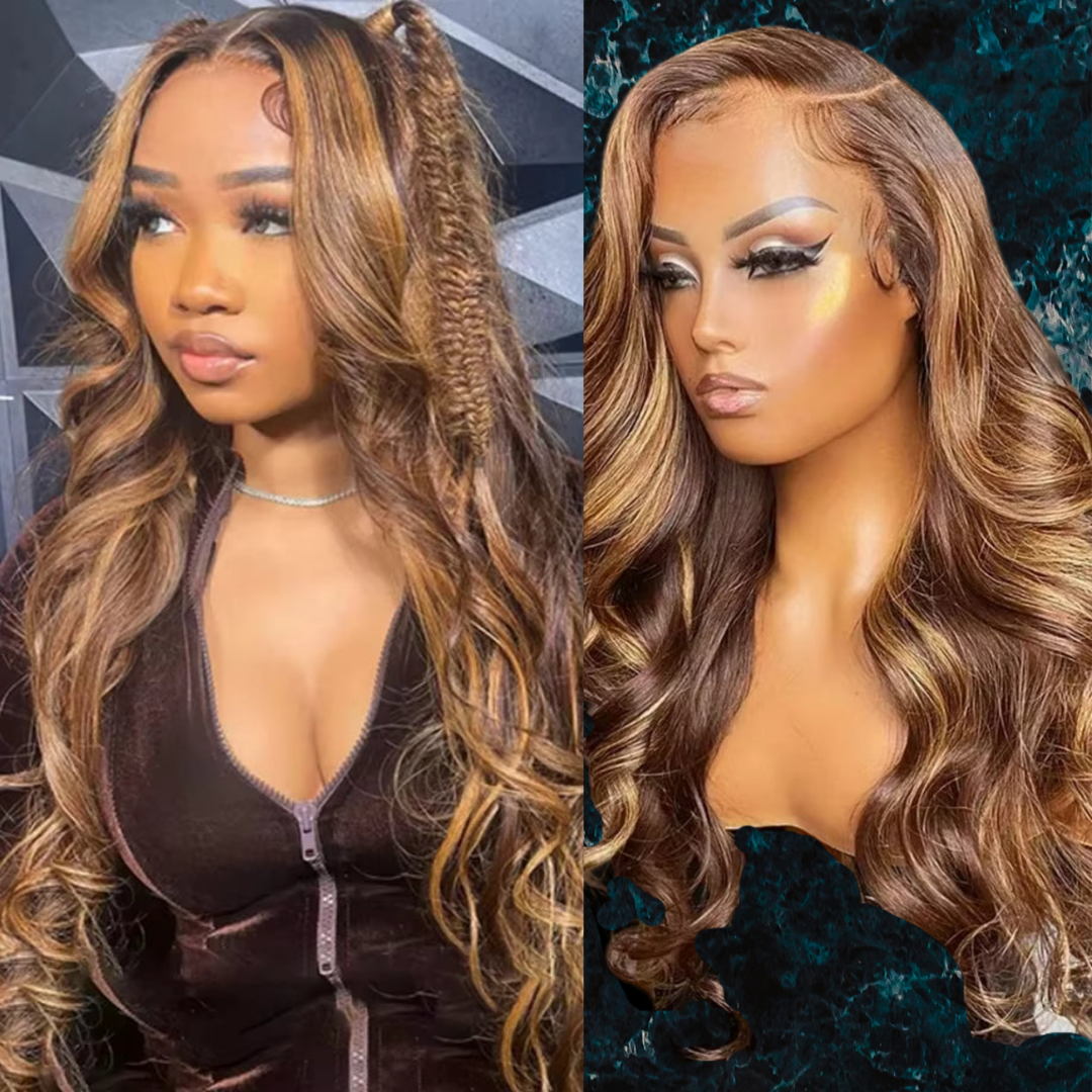 CALi4LUXE Human Hair Wig, Honey Blonde Highlights Body Wave Lace Frontal, 100% Human Hair, Pre-plucked Natural Hairline, Daily Wear