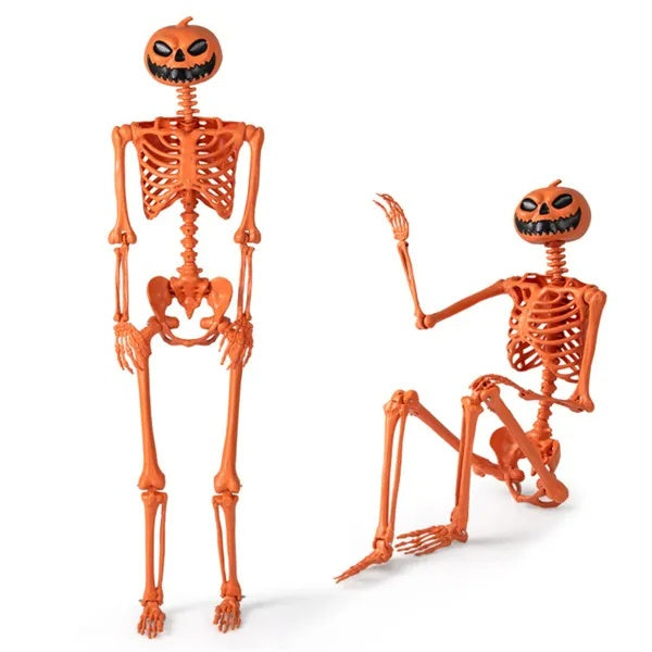 5.5ft Life-Size Pre-Lit Halloween Skeleton, White w/ Green Lights, Pink, Orange Pumpkin Head Skeleton