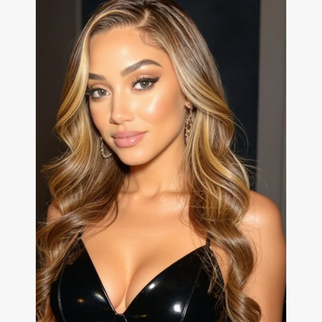 CALi4LUXE Human Hair Wig, Honey Blonde Highlights Body Wave Lace Frontal, 100% Human Hair, Pre-plucked Natural Hairline, Daily Wear