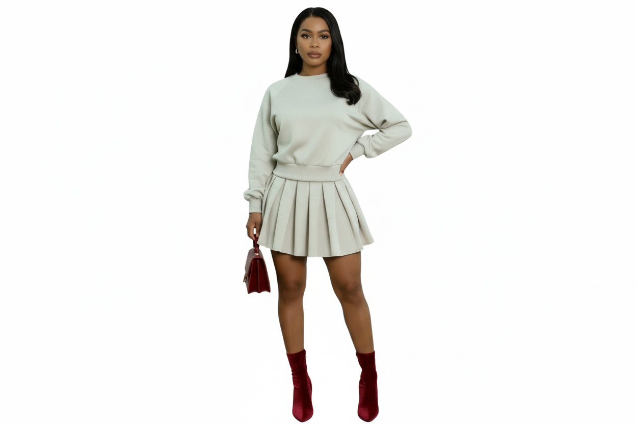 Sporty Chic: Women's Full Sleeve Sweatshirt & Pleated Skirt Set | 2025 Spring Active Street Style Tracksuit