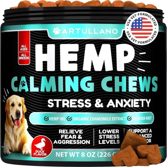 Hemp Calming Chews for Dogs - Anxiety Relief Treats with Hemp Oil, Turmeric, Valerian, and Ginger for Health & Wellness - Hip and Joint Support - 120 Treats