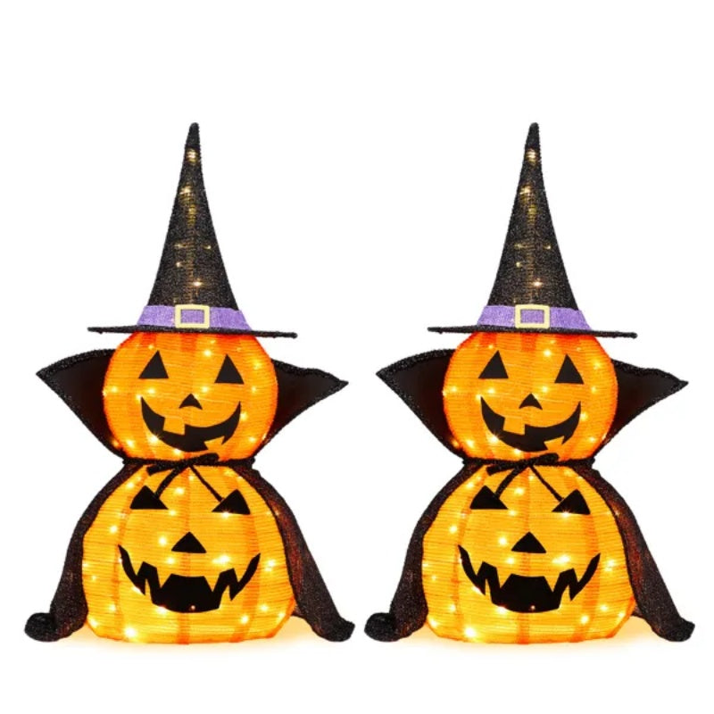 2-Pack 3FT Lighted Pumpkin Decoration with 176 LEDs - Collapsible Jack-O-Lanterns with Cape, Plug-In Design, Metal Stand for Indoor & Outdoor Halloween Garden Patio Party Decor
