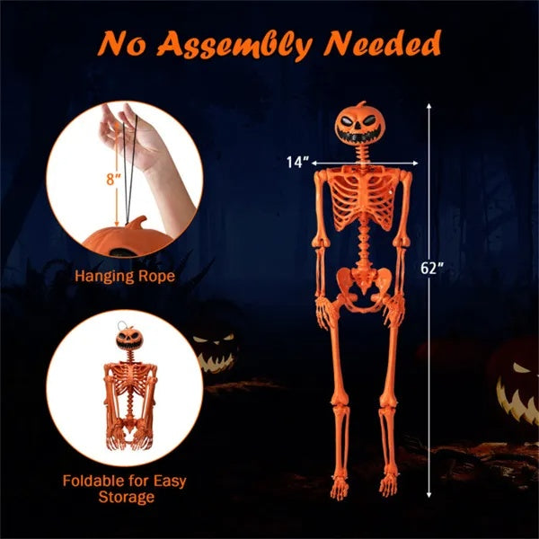 5.5ft Life-Size Pre-Lit Halloween Skeleton, White w/ Green Lights, Pink, Orange Pumpkin Head Skeleton