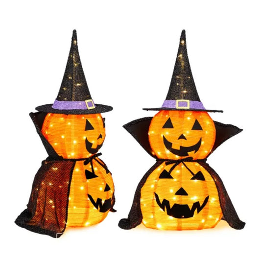 2-Pack 3FT Lighted Pumpkin Decoration with 176 LEDs - Collapsible Jack-O-Lanterns with Cape, Plug-In Design, Metal Stand for Indoor & Outdoor Halloween Garden Patio Party Decor