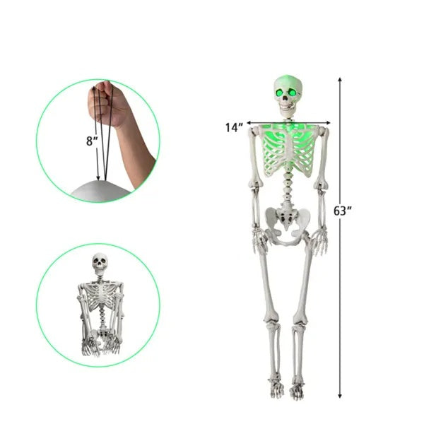 5.5ft Life-Size Pre-Lit Halloween Skeleton, White w/ Green Lights, Pink, Orange Pumpkin Head Skeleton