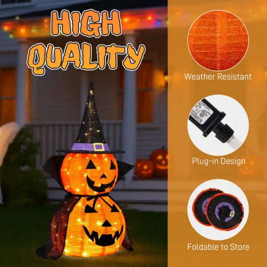 2-Pack 3FT Lighted Pumpkin Decoration with 176 LEDs - Collapsible Jack-O-Lanterns with Cape, Plug-In Design, Metal Stand for Indoor & Outdoor Halloween Garden Patio Party Decor