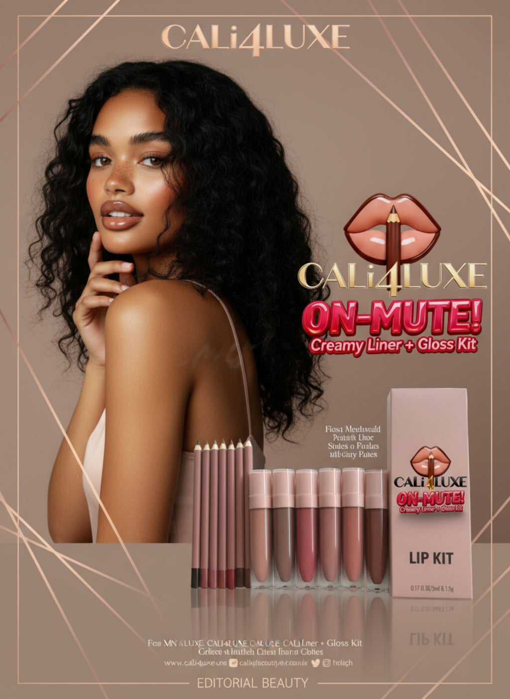 Advertisement for Cali4Luxe lip kit featuring a model and product packaging.