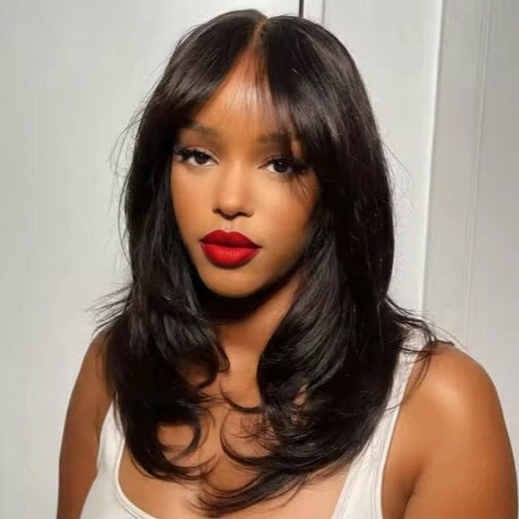 Cali4Luxe Pre-Cut Lace Wavy Layered Wig: Effortless Glam with Curtain Bangs!