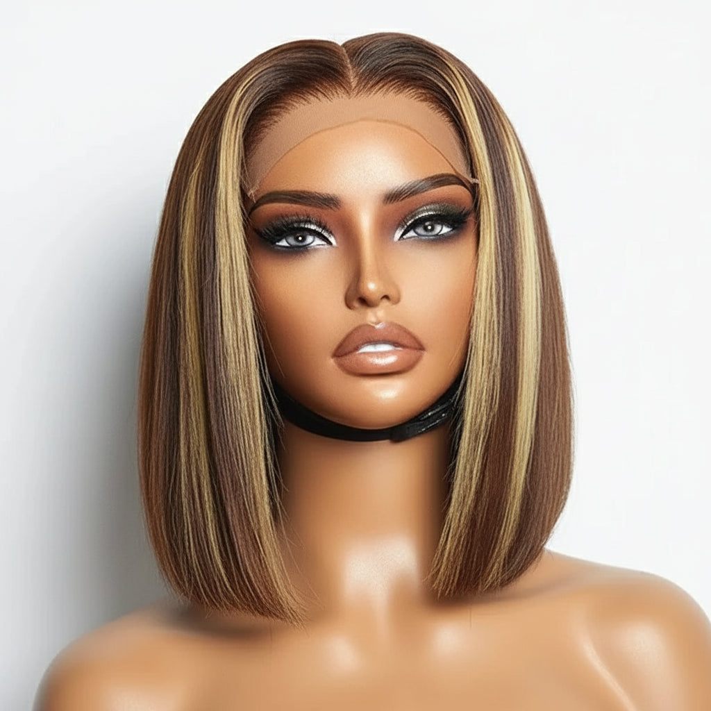 Chic Highlights: 13x4 Lace Front Short Bob Wig Highlight 4/27 Color Bob Wig Virgin Human Hair 13x4 Lace Front Wig 100% Human Hair Pre-Plucked