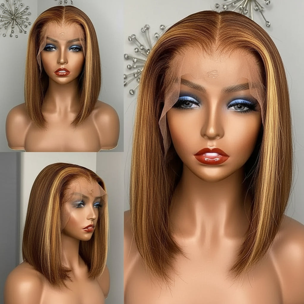 Chic Highlights: 13x4 Lace Front Short Bob Wig Highlight 4/27 Color Bob Wig Virgin Human Hair 13x4 Lace Front Wig 100% Human Hair Pre-Plucked