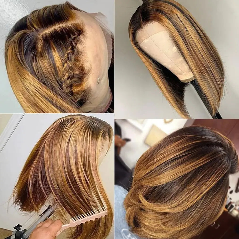 Chic Highlights: 13x4 Lace Front Short Bob Wig Highlight 4/27 Color Bob Wig Virgin Human Hair 13x4 Lace Front Wig 100% Human Hair Pre-Plucked