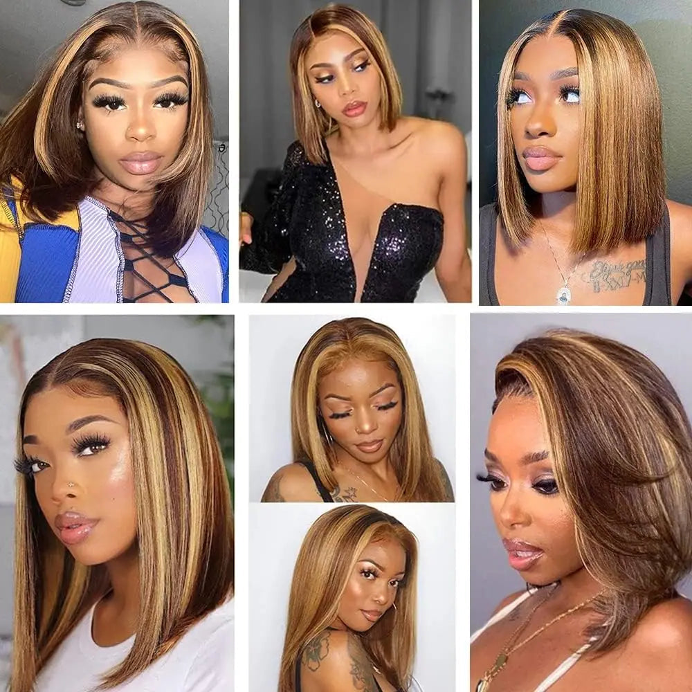 Chic Highlights: 13x4 Lace Front Short Bob Wig Highlight 4/27 Color Bob Wig Virgin Human Hair 13x4 Lace Front Wig 100% Human Hair Pre-Plucked