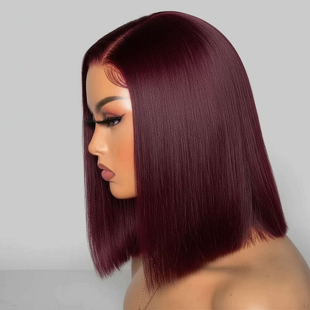 Vibrant Elegance: 99J Burgundy Straight Bob Lace Frontal Wigs READY-TO-WEAR
