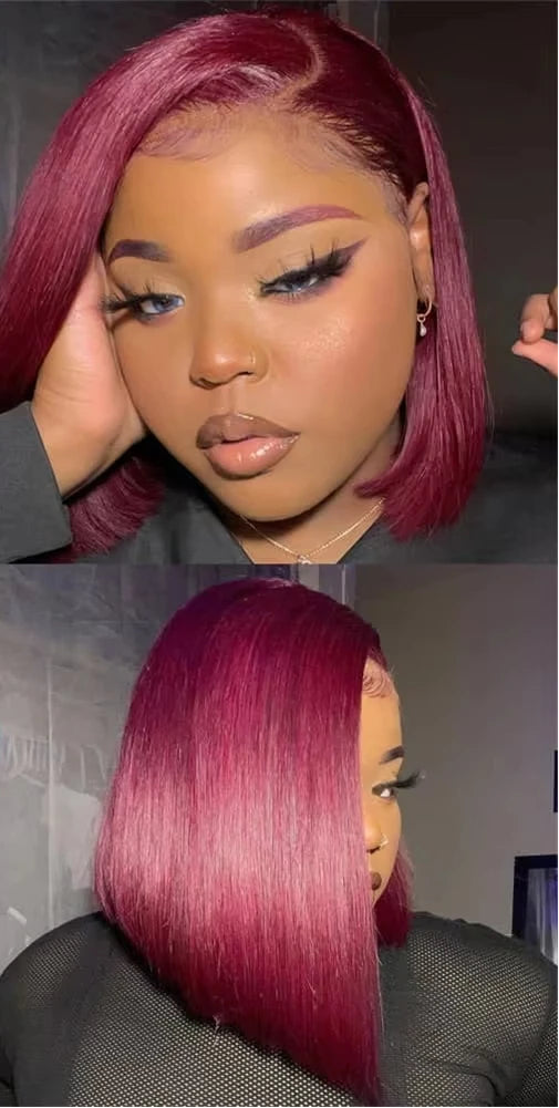 Vibrant Elegance: 99J Burgundy Straight Bob Lace Frontal Wigs READY-TO-WEAR