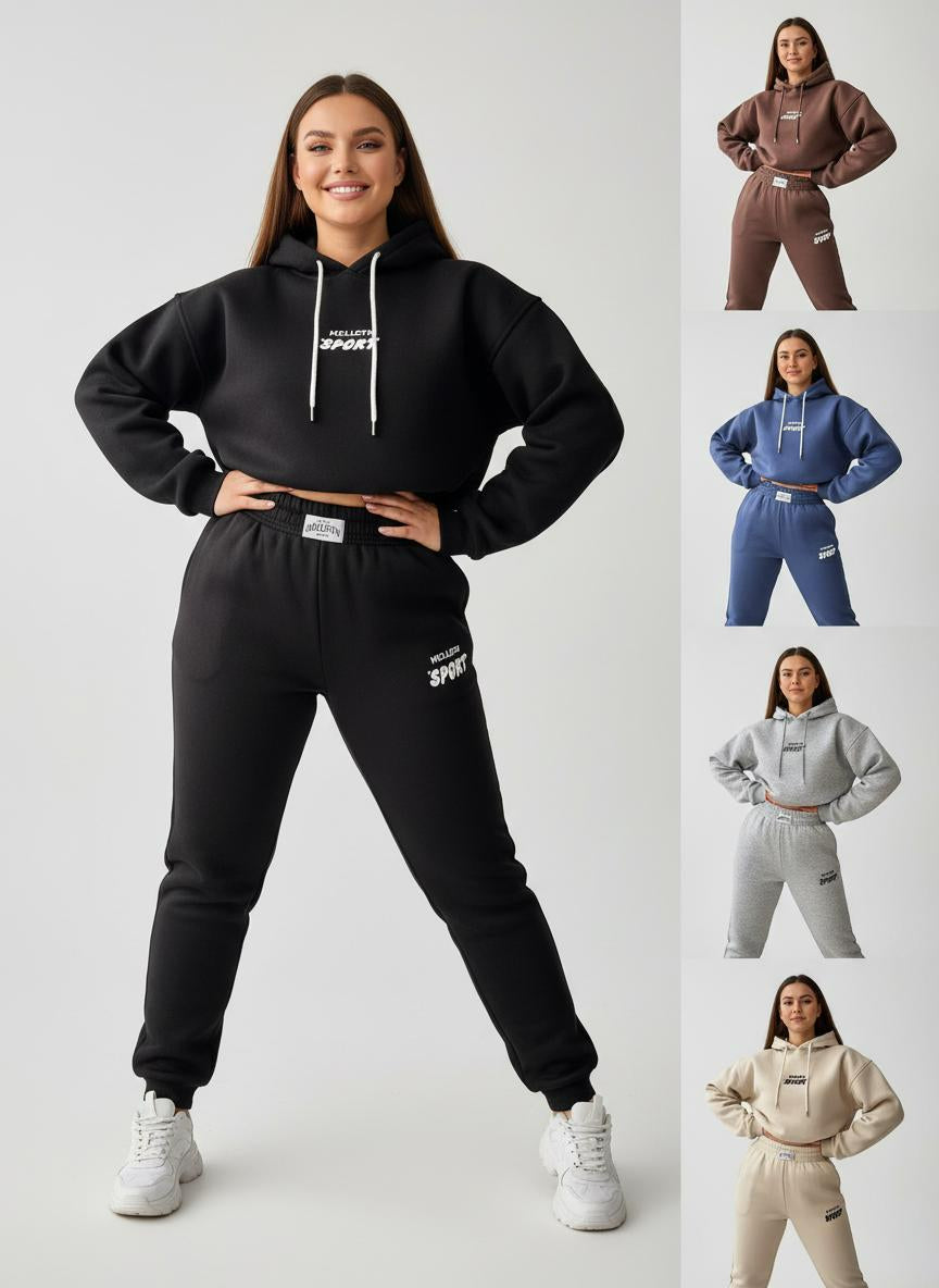 Ladies' Hooded Sportswear Two-Piece Set | Fleece-Lined Long Sleeve Hoodie & Printed Jogger Pants | Autumn Winter Outfit