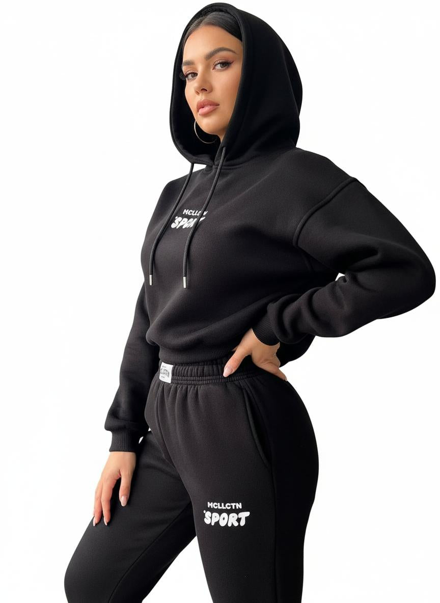 Ladies' Hooded Sportswear Two-Piece Set | Fleece-Lined Long Sleeve Hoodie & Printed Jogger Pants | Autumn Winter Outfit