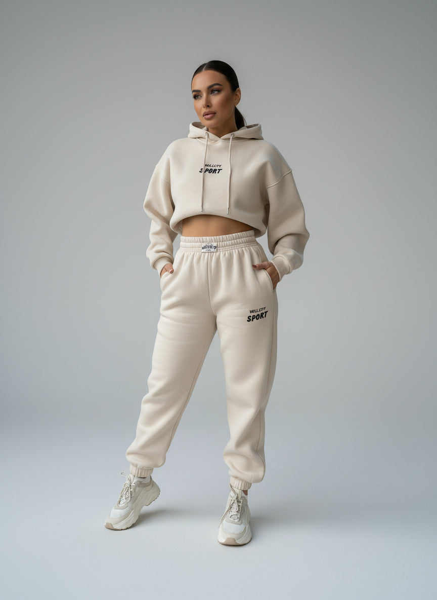 Ladies' Hooded Sportswear Two-Piece Set | Fleece-Lined Long Sleeve Hoodie & Printed Jogger Pants | Autumn Winter Outfit