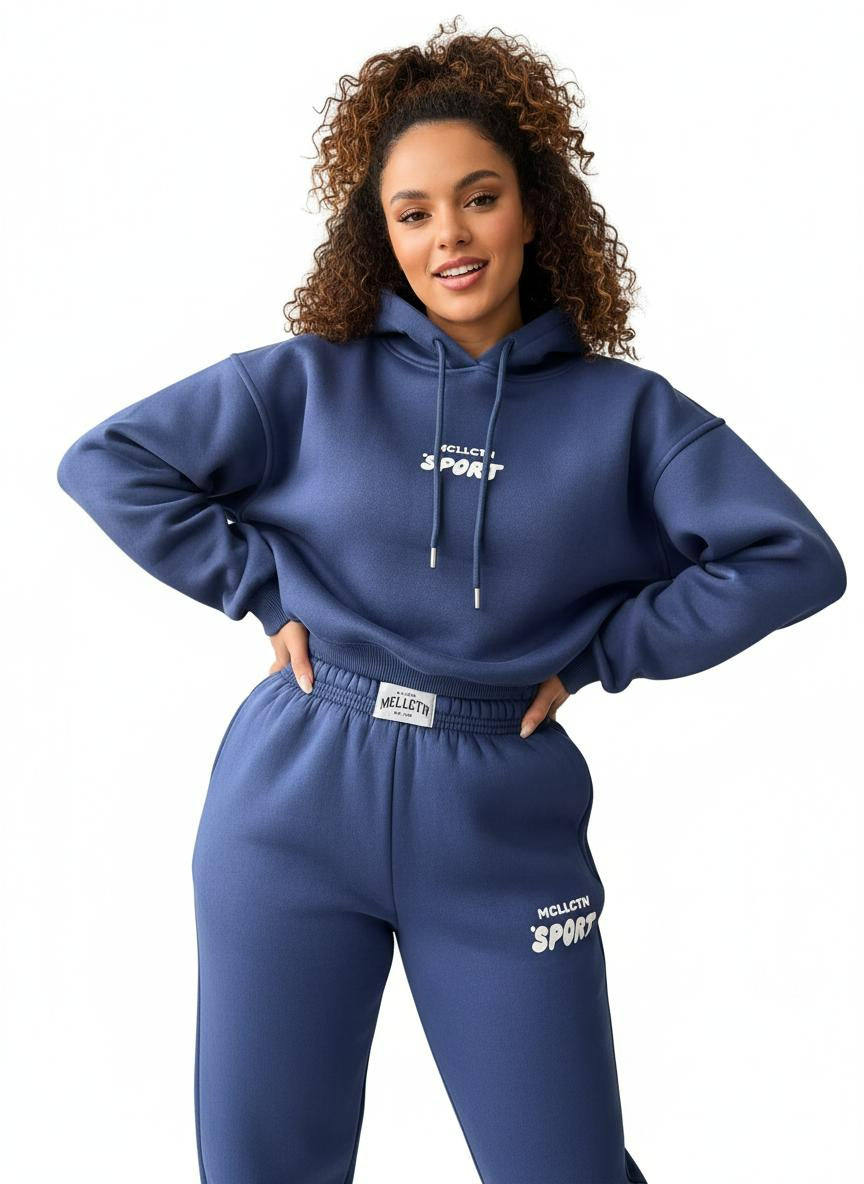 Ladies' Hooded Sportswear Two-Piece Set | Fleece-Lined Long Sleeve Hoodie & Printed Jogger Pants | Autumn Winter Outfit