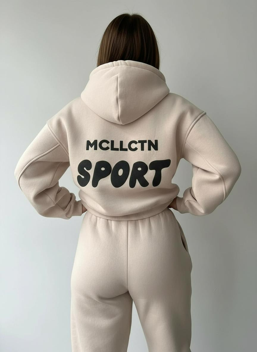 Ladies' Hooded Sportswear Two-Piece Set | Fleece-Lined Long Sleeve Hoodie & Printed Jogger Pants | Autumn Winter Outfit
