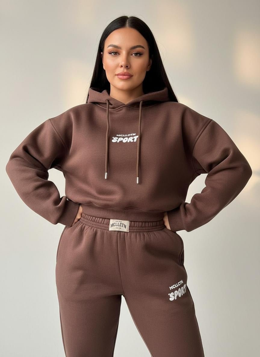 Ladies' Hooded Sportswear Two-Piece Set | Fleece-Lined Long Sleeve Hoodie & Printed Jogger Pants | Autumn Winter Outfit