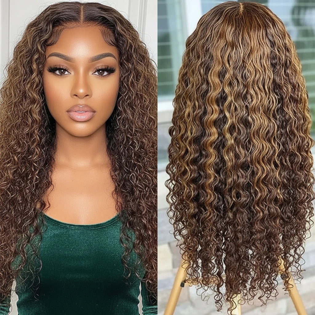 Ombre Curly Highlight Wig: Ready-to-Wear Human Hair Deep Wave with 7x5 Lace Closure!