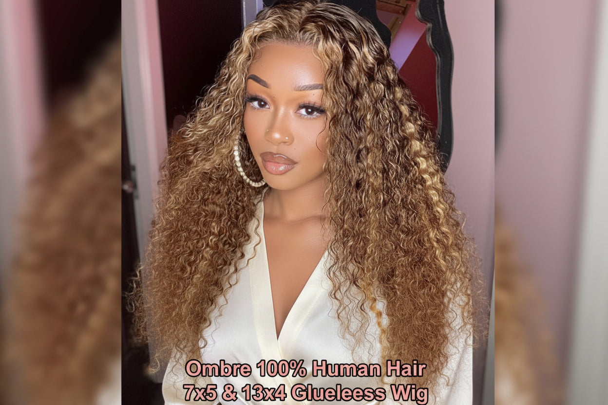 Ombre Curly Highlight Wig: Ready-to-Wear Human Hair Deep Wave with 7x5 Lace Closure!