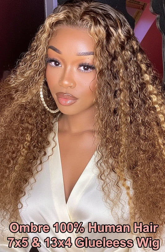 Ombre Curly Highlight Wig: Ready-to-Wear Human Hair Deep Wave with 7x5 Lace Closure!