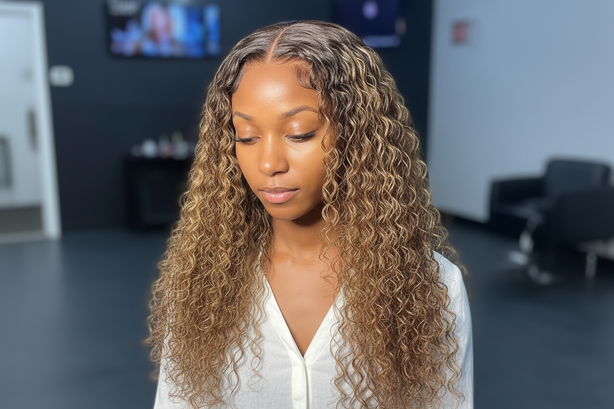 Ombre Curly Highlight Wig: Ready-to-Wear Human Hair Deep Wave with 7x5 Lace Closure!