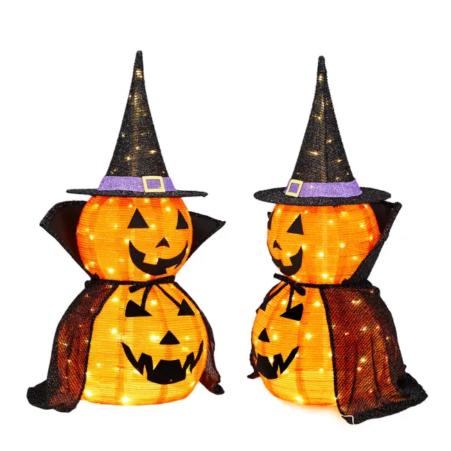 Halloween Lighted Pumpkin Decorations, 3ft Collapsible Jack-O-Lantern with Wizard Hat, 176 LED Lights, 2-Pack