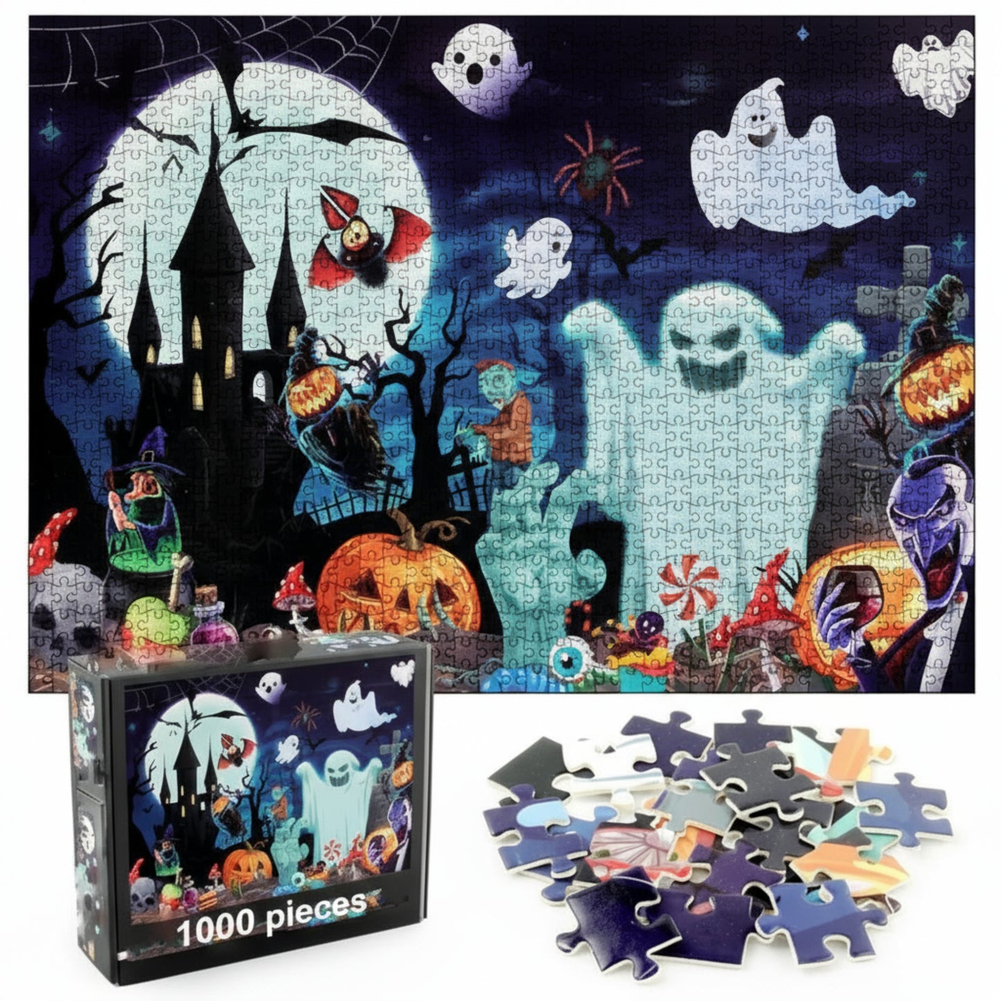 Halloween Puzzle, 1000 Pieces, Spooky Night Scene with Haunted House, Ghosts and Pumpkins