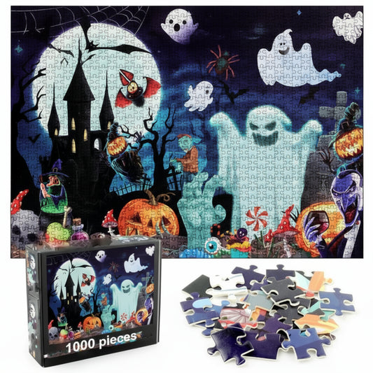 Halloween Puzzle, 1000 Pieces, Spooky Night Scene with Haunted House, Ghosts and Pumpkins