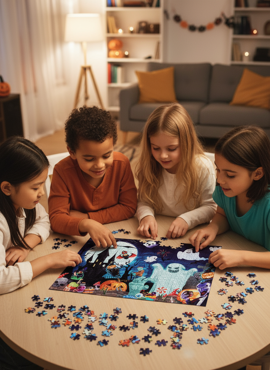 Halloween Puzzle, 1000 Pieces, Spooky Night Scene with Haunted House, Ghosts and Pumpkins