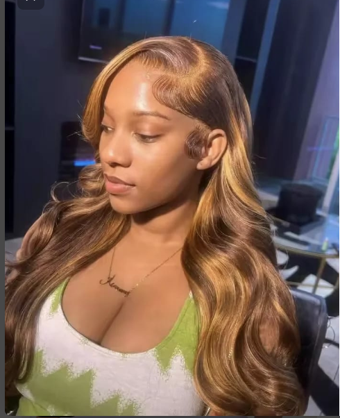 CALi4LUXE Human Hair Wig, Honey Blonde Highlights Body Wave Lace Frontal, 100% Human Hair, Pre-plucked Natural Hairline, Daily Wear