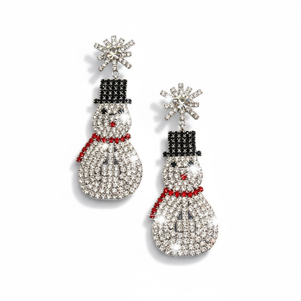 Snowman-shaped earrings with rhinestone detailing on a white background