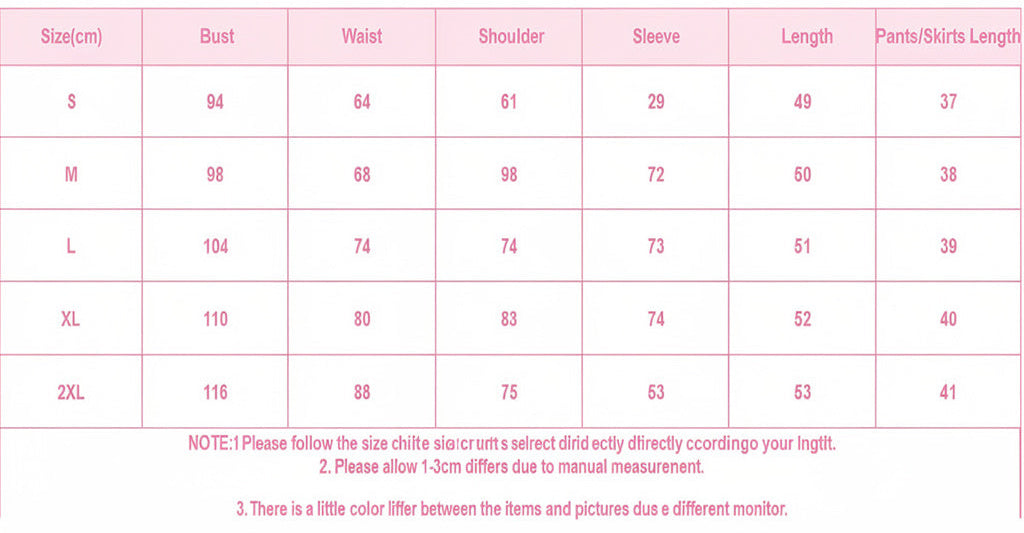 Measurement chart for clothing sizes with pink background