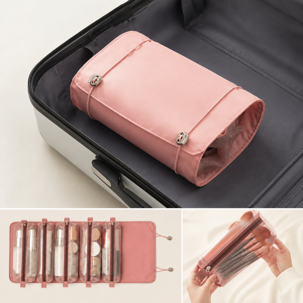 Travel Makeup Organizer Bag, 4-in-1 Foldable Cosmetic & Toiletry Bag with 4 Removable Mesh Pouches, Waterproof Makeup Storage Case for Women, Skincare, Toiletries & Travel Essentials