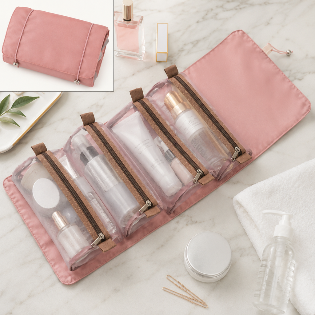 Travel Makeup Organizer Bag, 4-in-1 Foldable Cosmetic & Toiletry Bag with 4 Removable Mesh Pouches, Waterproof Makeup Storage Case for Women, Skincare, Toiletries & Travel Essentials