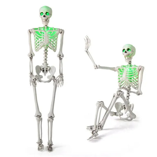 5.5ft Life-Size Pre-Lit Halloween Skeleton, White w/ Green Lights, Pink, Orange Pumpkin Head Skeleton