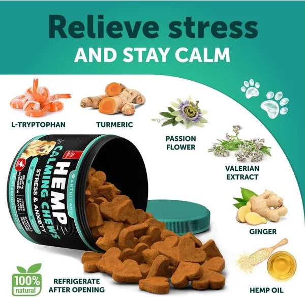 Hemp Calming Chews for Dogs - Anxiety Relief Treats with Hemp Oil, Turmeric, Valerian, and Ginger for Health & Wellness - Hip and Joint Support - 120 Treats